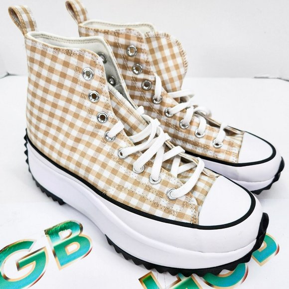 Converse Run Star Hi Platform Shoes Women's  Beige White Plaid Canvas A05999C - Picture 2 of 8